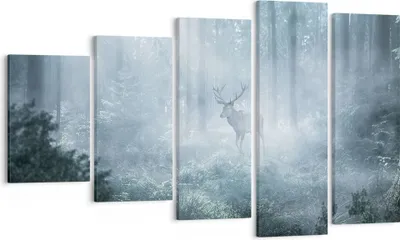 Produktbild von Bild auf Leinwand - Leinwandbild - 5 Teile - Hirsch Wald Morgendämmerung - 100x60cm - Wand Bild - Wanddeko - Wandbilder - Leinwanddruck - Bilder - Wanddekoration - Leinwand bilder - EG100x60-4667