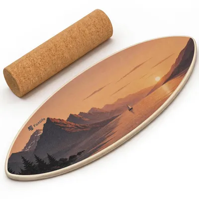 Produktbild von FunLife Surfing Balance Board mit Korkrolle – Birkenholz bis 150 kg – Gleichgewichtstrainer für Surf-, Skate- und Snowboard -Training - FJORD SUNSET