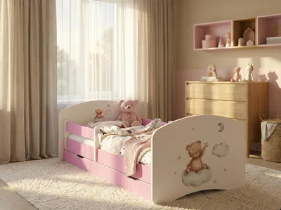 Image de Lit bébé Happy Babies - Ensemble avec matelas, tiroir et barrière de sécurité, 70 x 140, lits bébé filles et lits adolescents garçons, lit enfant, ours