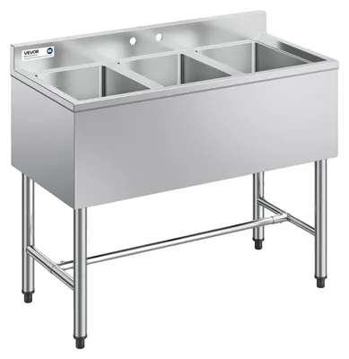 Immagine prodotto di VEVOR Lavello a 3 vasche con paraspruzzi e scarico efficiente, lavello da cucina (978 x 470 x 838 mm), lavello da cucina per ristoranti, furgoni gastronomici, uso privato, lavello in acciaio inossidabile