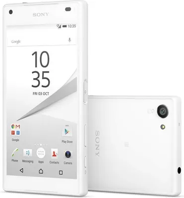 A white Sony Xperia Z5 Compact smartphone is shown from the front and back, with its screen displaying the time and date.
