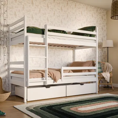 Produktbild von Hochbett 90x200 mit 2 Schubladen Etagenbett mit Rausfallschutz und Lattenrost, umbaubar in zwei Kinderbetten, aus Vollholz massiv in weiß, Kinderbett Funktionsbett
