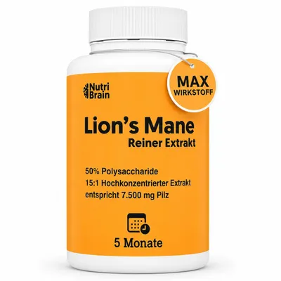 Produktbild von Lions Mane Ultraconzentriert >50%-Polysaccharides, >15%-βGlucanes, 100%-Fruchtkörper 7500mg | 5 Monate, Nur 1 Kaps./Tag | Hericium Erinaceus