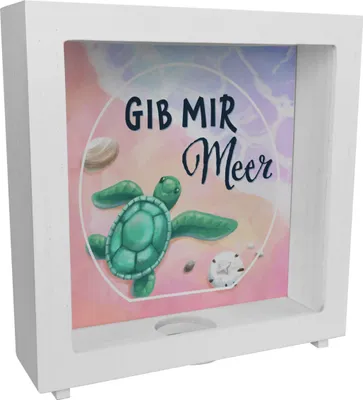 Produktbild von Gib mir Meer Rahmen Spardose aus Holz mit Meer- und Schildkröten-Motiv