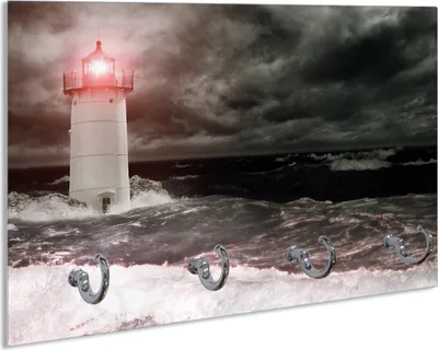 Produktbild von Wallario Schlüsselbrett aus Glas, Motiv: Leuchtturm im Wasser bei stürmischer See, 30 x 20 cm mit 4 Haken