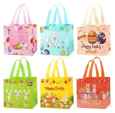 Produktbild von 6 Ostertüten Geschenktaschen multifunktional 21x20x15cm hochwertiges Vliesstoffmaterial 6 verschiedene bunte Ostern Designs