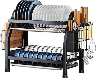 Produktbild von Stahl afdruiprek mit Ablage - afdruiprooster mit Schneidebrettstand - Kopfhaken und Besteckhalter