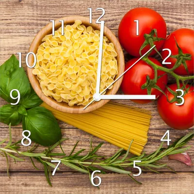 Produktbild von Wallario Design Wanduhr Spaghetti mit Tomaten, Knoblauch und Basilikum aus Echtglas, Größe 30 x 30 cm
