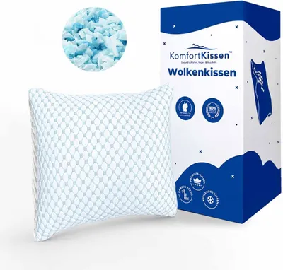 Produktbild von Kissen 80x80 cm mit Ice Silk® Textur, ergonomisch, einstellbar, zweiseitig kühlend & wärmend, weiß-blau