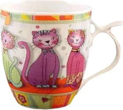 Produktbild von Porzellan Becher Evi 0,35 l mit fröhlich-bunten Katzenmotiven und besonderem Henkel