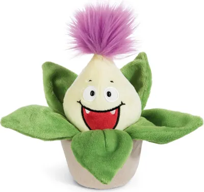 A plush toy of a plant character with a smiling face and purple fluffy hair, sitting in a pot.