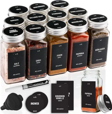 Obrázok produktu pre Sada 12ks - Deco Haus nádoby na korenie so skrutkovacím uzáverom - Súprava s etiketami, lievikom, čistiacou kefkou, značkovačom, 120 ml - (Strieborná)