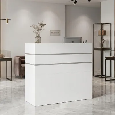 Produktbild von Empfangstheke mit 3 Schubladen und Ablageflächen Empfangstresen, Bürotheke, Rezeption Tisch mit Privatem Panel, Weiß, MDF, 120 x 48 x 110 cm