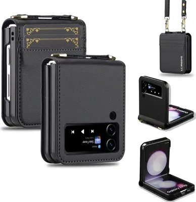 Immagine prodotto di Custodia flip crossbody in pelle per Samsung Galaxy Z Flip4 5G, con laccetto da collo e slot per carte di credito Nero