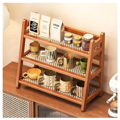 Produktbild von Elzusha – Küchenorganizer aus Bambus mit Rattan-Optik – 3 Ebenen, Braun, für Kaffee und Tee