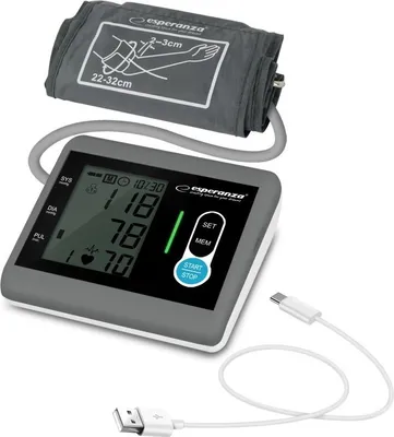 A digital blood pressure monitor with its cuff and a USB cable, presented on a white background.