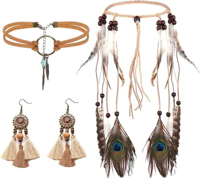 Indische Haarschmuckset mit Federhaarbänder, Traumfängerohrringe und Lederchoker für Hippie-Kostüme und Vintage-Karnevalmode