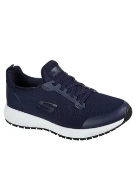 A single navy blue Skechers work shoe is shown from a side-angle on a white background.