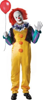A person in a Pennywise costume holding a red balloon.