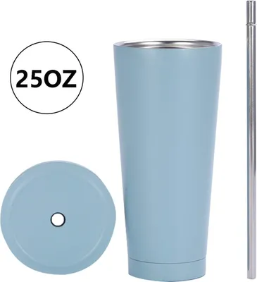 Immagine prodotto di Tazza in acciaio inossidabile da 25 oz con cannuccia e coperchio, tazza termica con isolamento sottovuoto, tazza da viaggio, tazza termica per bevande fredde o calde, azzurro, 750 ml, acciaio inossidabile
