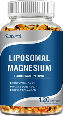 Produktbild von Liposomal Magnesium L-Threonate 2000 mg (120 Softgels) mit Vitamin D3, K2, Nahrungsergänzungsmittel, Immunsystem, Gehirn und Knochen