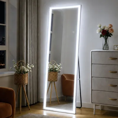 Produktbild von ZMH Ganzkörperspiegel Mit Beleuchtung 3 Lichtfarben Touch Schalter Wandspiegel 150x40cm Standspiegel Memory Funktion Ankleidespiegel weißem Rahmen, KI-generiertes Bild