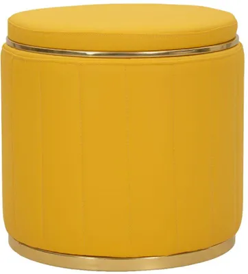 Productafbeelding van Pouf met opbergruimte, bekleed met Polyurethanleer, afmetingen 46,5 x 44 cm, kleur mosterdgeel, met gouden details, merk Mauro Ferretti, model London