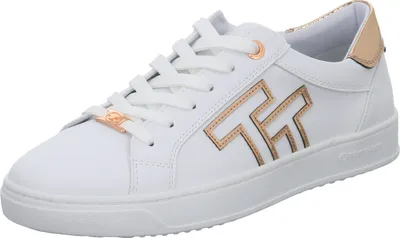 A white low-top sneaker with rose gold accents.