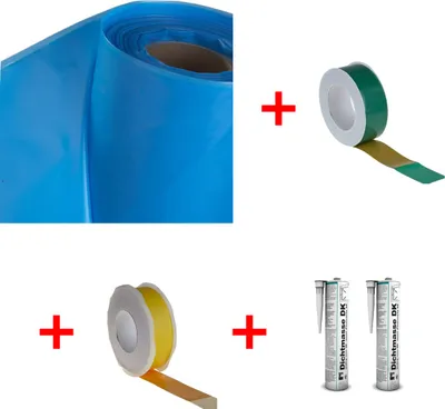 A collage of construction materials including a roll of blue plastic sheeting, two rolls of tape, and two sealant tubes.