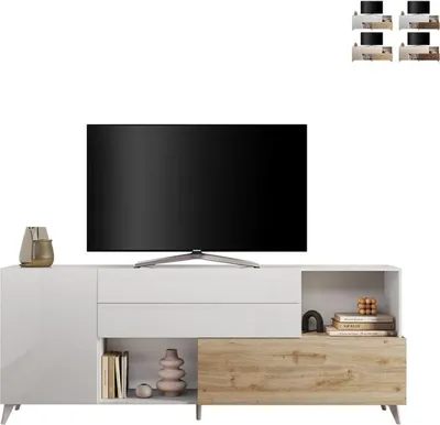 Produktbild von Modernes Küchen Sideboard Wohnzimmer weißes Holz 2 Türen Schubladen Maditha - Eiche - Weiß glänzend