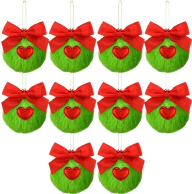 Produktbild von 10 Stück grüne, pelzige Weihnachtskugel-Ornamente mit roter Schleife, weiche Kunstfell-Pompon-Bälle, hängende Dekorationen für den Weihnachtsbaum