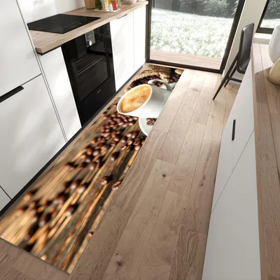 Produktbild von Küchenläufer 60 x 300 cm Braun rutschfest & waschbar – Küchenteppich Kaffee mit Holzschaufel PVC Teppichläufer Küche
