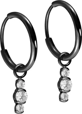 Produktbild von Titan Ohrclicker Creolen 3 EINGEFASSTE KRISTALLE Schwarz Innendurchmesser: 12mm + Designstärke: 1,6mm + Designgröße: 3 x 11,5mm