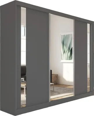 A graphite-colored wardrobe with mirrored sliding doors.