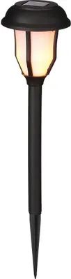 Produktbild von Solarleuchte im Oldschool-Look mit 6 gelb-orange leuchtenden LEDs in Flammen-Optik, Akku, Bodenstecker, Solar-Paneel, On/Off-Schalter