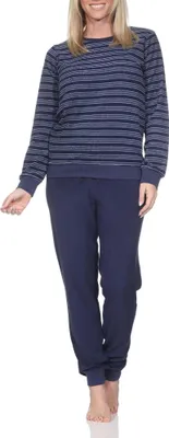 Produktbild von Normann Damen Frottee Schlafanzug mit Bündchen Pyjama in Streifenoptik – auch in Übergröße ; navy , 44