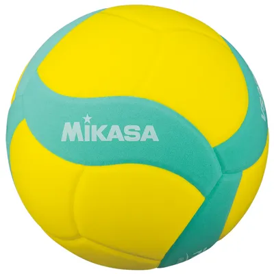 A yellow and teal volleyball with the Mikasa logo.