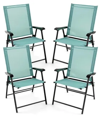 Produktbild von 4er Set klappbare Gartenstühle, Hochlehner Balkonstühle, Terrassenstühle mit hohen Rücken- und Armlehnen, wetterfeste Gartenessstühle aus Metall und Textil, bis 150 kg belastbar (Minzgrün)