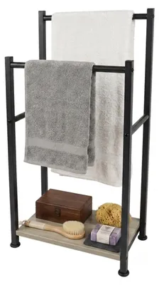 Image de Porte-serviettes Relaxdays avec étagère, dimensions : 80 x 42 x 24 cm, 2 barres, support de serviettes autoportant, en MDF et métal, noir/gris