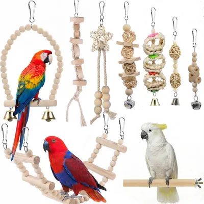 Immagine prodotto di Set di giocattoli per uccelli, 9 pezzi, in legno naturale, con altalena, scala, campanello, adatti per parrocchetti ondulati, pappagallini, canarini e altri uccelli colorati