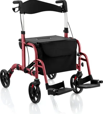 Produktbild von GOPLUS Rollator, 2 in 1 Rollstuhl faltbar aus Aluminium bis 136kg belastbar, höhenverstellbarer Reiserollator leichtgewicht, Rot