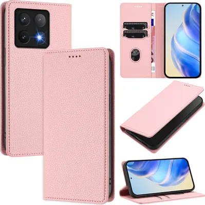Produktbild von Litchi Leder Handyhülle für Xiaomi 14T Pro Wallet Kartenfächer Standfunktion Hülle Pink