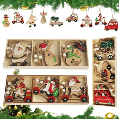 27 Holz-Weihnachtsanhänger, bunte Motive, 9 Designs, 220 g