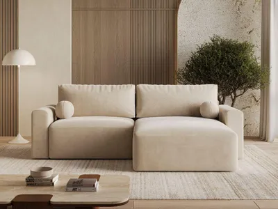 Produktbild von GrainGold Ecksofa L-Form Aurora - Ecksofa mit Schlaffunktion, Bettkasten - Moderne Ecksofa, Wohnzimmer Sofa - Eckcouch mit Velvet-Stoff - Beige (Castel 15)