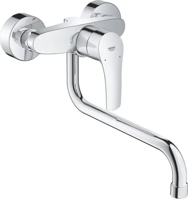 A chrome-finished kitchen faucet mounted on a white background.