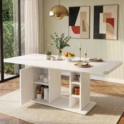 Image de Table extensible pour repas, dimensions 140–180 x 80 cm, plateau de 3 cm d'épaisseur, avec un meuble de rangement comprenant des étagères ouvertes, en MDF, capacité de charge de 60 kg, design scandinave, couleur blanche