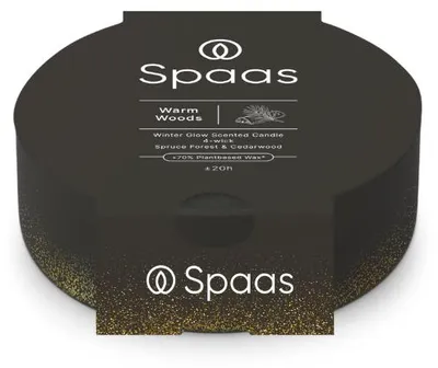 Productafbeelding van Spaas WinterGlow geurkaars met 4 lontjes – Warme bossen – Zwart – brandduur: ongeveer 20 uur.