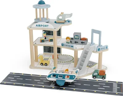 A wooden toy airport playset with various accessories.