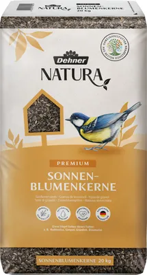 Produktbild von Dehner Natura Premium Wildvogelfutter, Sonnenblumenkerne, Ganzjahresfutter proteinreich / energiereich, hochwertiges Vogelfutter für Wildvögel, 20 kg