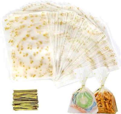 Obrázok produktu pre Keramické vrecúška so zlatým potlačou hviezdičiek, 120 ks, 12 x 18 cm, vianočná dekorácia, dóza na sušienky, dóza na pečivo s viazacimi páskami